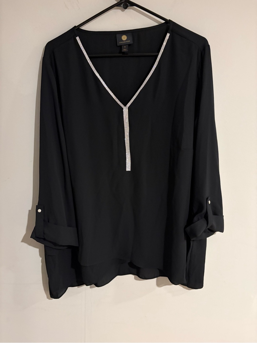 JM Collection Black Rhinestone V-Neck Blouse Women’s XL Dressy Tunic Top